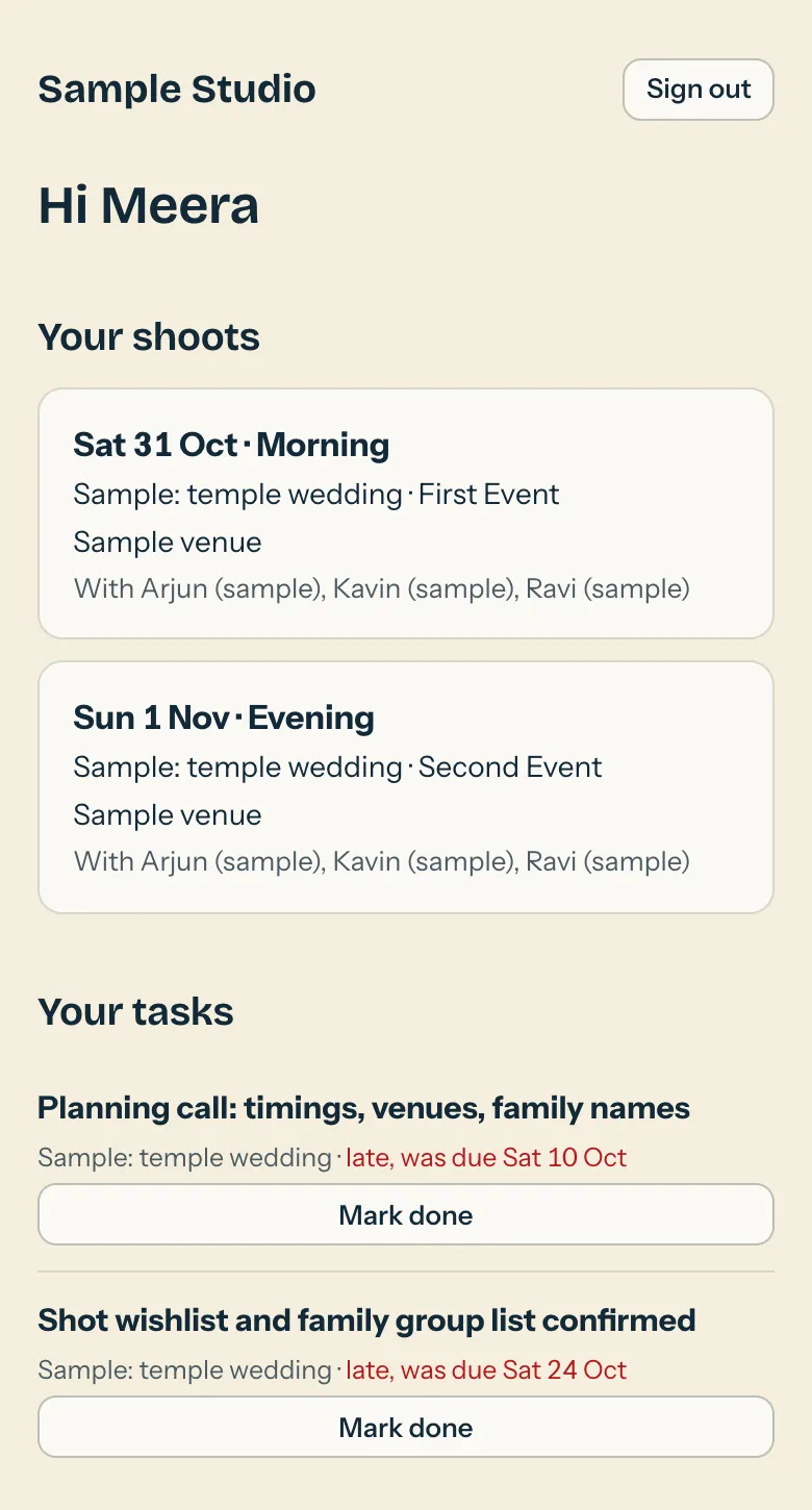 The roster app on a phone: two upcoming shoots with date, venue and who else is working, then the tasks assigned to this person.