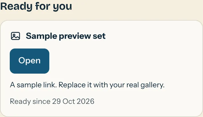 The client room's Ready for you card, with an Open button and a note about the link.
