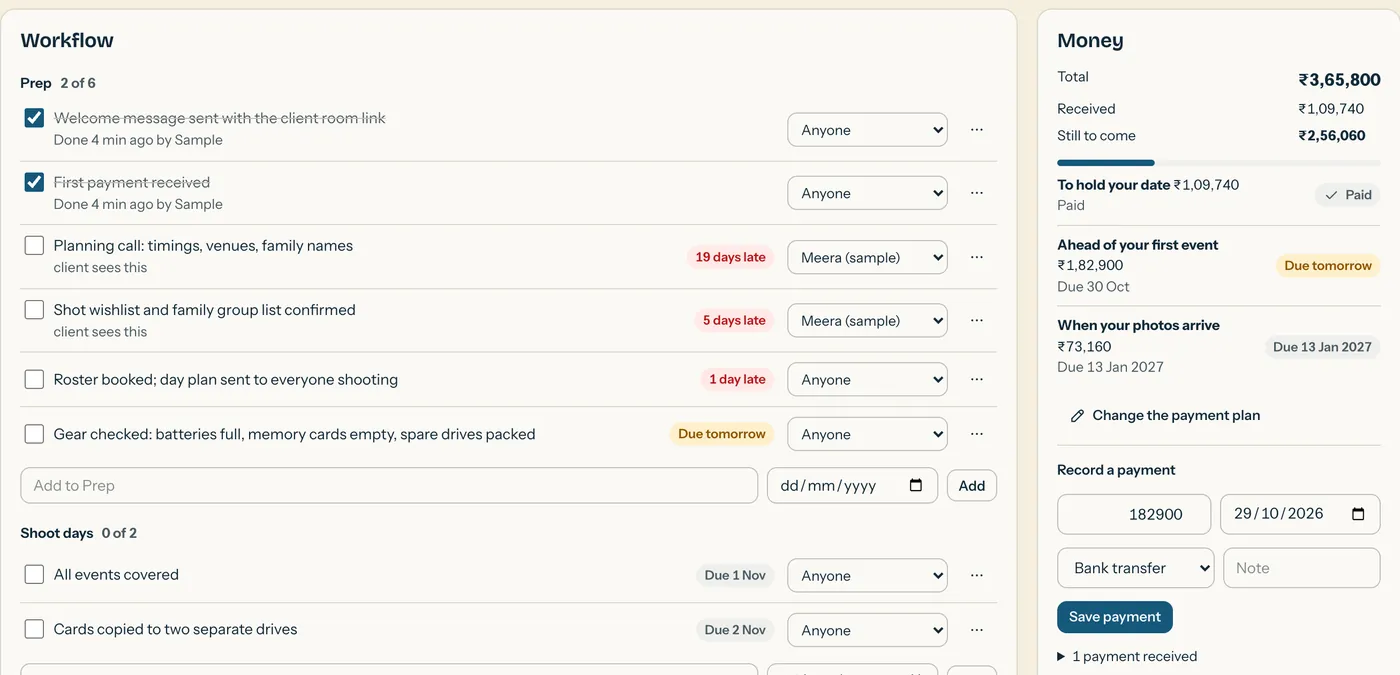 A job page: workflow items grouped by stage with due tags and who does each, beside the money received and still to come.