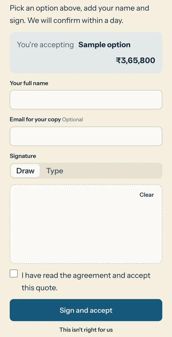The sign-off area of a quote: the chosen option and total, name and email fields, a signature box and a Sign and accept button.