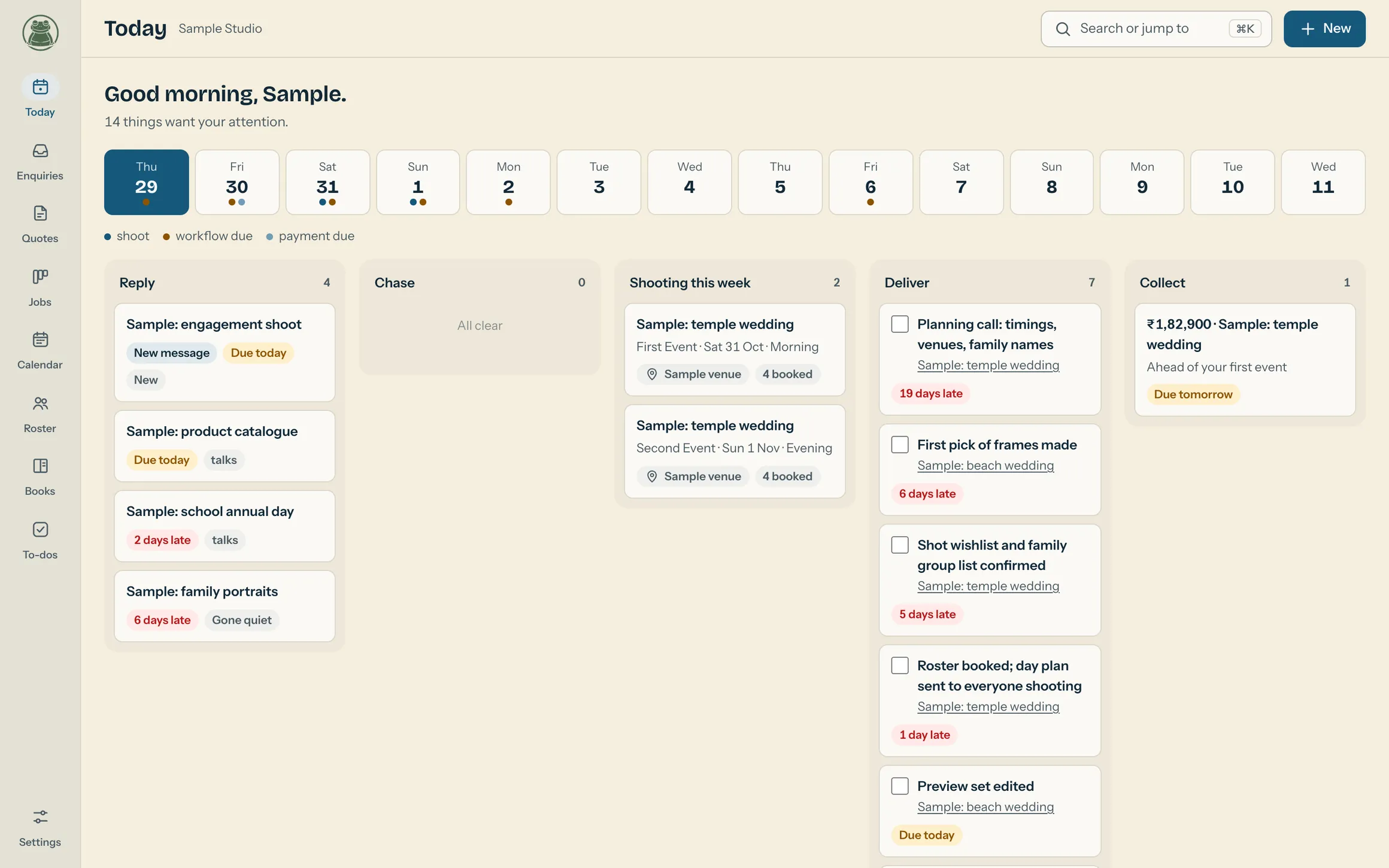 The Today screen: a two-week strip of dates, then lanes for enquiries to reply to, quotes to chase, shoots this week, work to deliver and payments to collect.